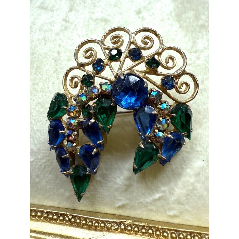 Vintage Gold-Tone Rhinestone Peacock Brooch With Blue & Green Teardrop Crystals